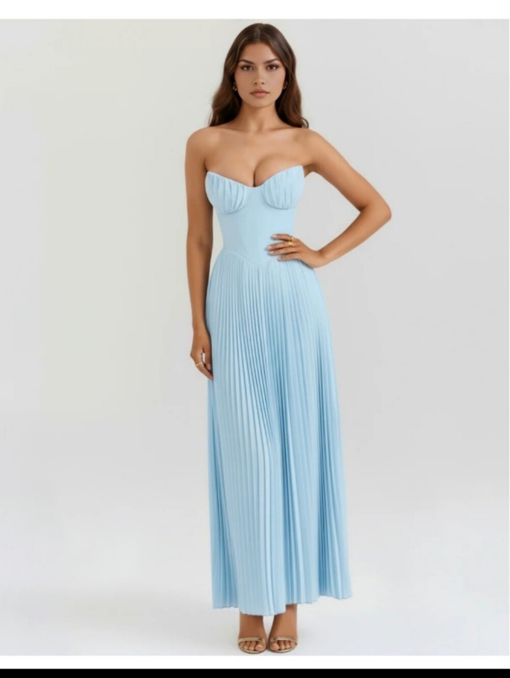 Strapless Pleated Maxi Dress in Light Blue (House of CB Inspired)